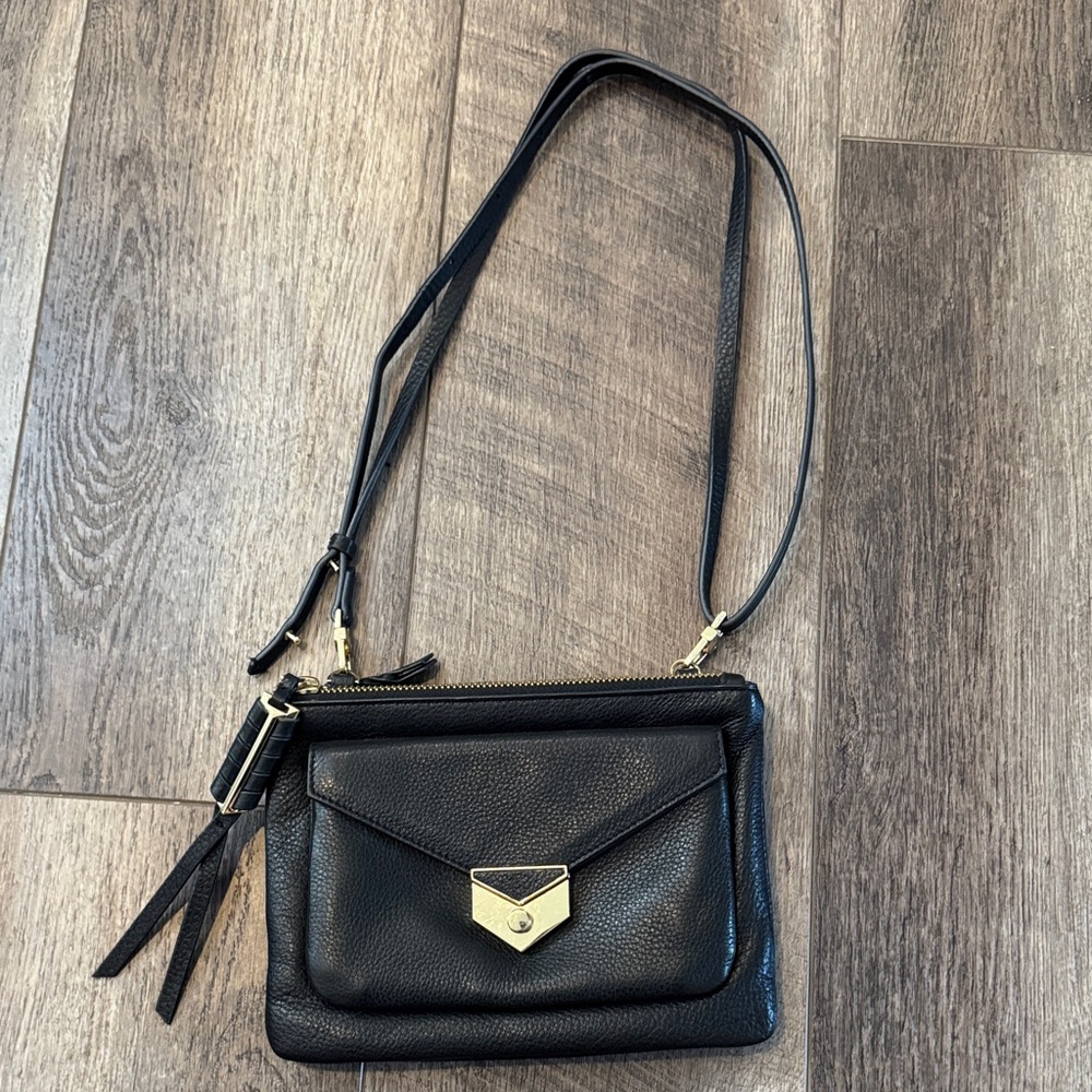 Chic Black Genuine Soft Leather Crossbody Bag with Gold Accent